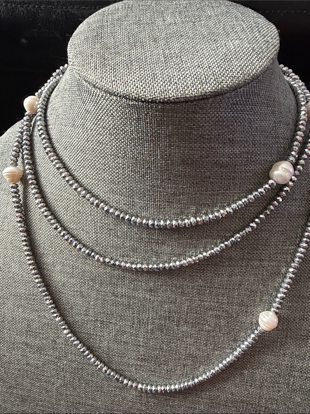 Layered Silver Hematite and Pearl Necklace